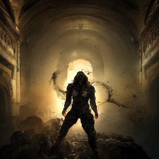 Image similar to full body pose, hyperrealistic photograph of wrath, dim volumetric lighting, 8 k, octane beautifully detailed render, extremely hyper detailed, intricate, epic composition, cinematic lighting, masterpiece, trending on artstation, very very detailed, stunning, hdr, smooth, sharp focus, high resolution, award, winning photo, dslr, 5 0 mm