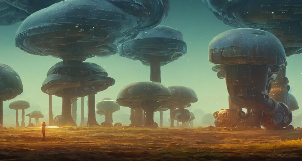 Image similar to GIANT MECHANICAL FUNGUS, landscape, center composition, cinematic, rendered by simon stålenhag, rendered by Beeple, Makoto Shinkai, syd meade, Gundam Style, environment concept, digital art, starwars, unreal engine, 3 point perspective, WLOP, trending on artstation, low level, 4K UHD image, octane render,