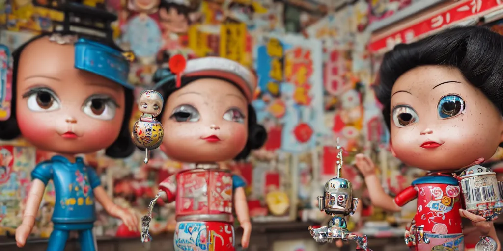 Image similar to closeup portrait of tin toy retro tokyo corner store diorama, depth of field, f 3 2, zeiss lens, detailed, centered, fashion photoshoot, by nicoletta ceccoli, mark ryden, lostfish, breathtaking, 8 k resolution, extremely detailed, beautiful, establishing shot, artistic, hyperrealistic, octane render, - h 8 0 4