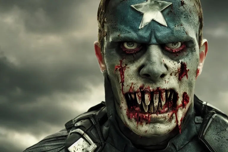 Image similar to film still of zombie zombie Captain America as a zombie in new avengers movie, 4k