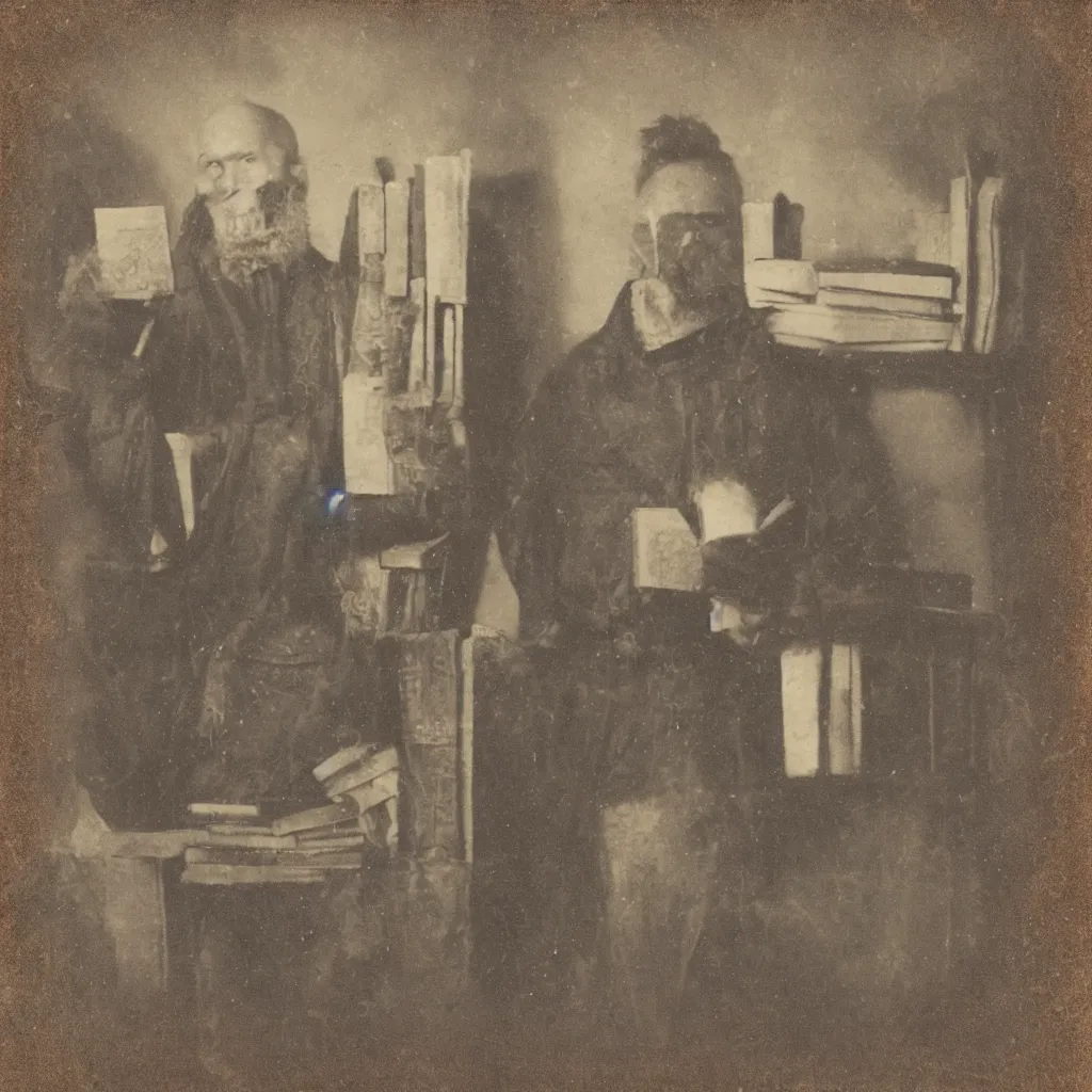 Image similar to tintype of a pagan cultist with occult books