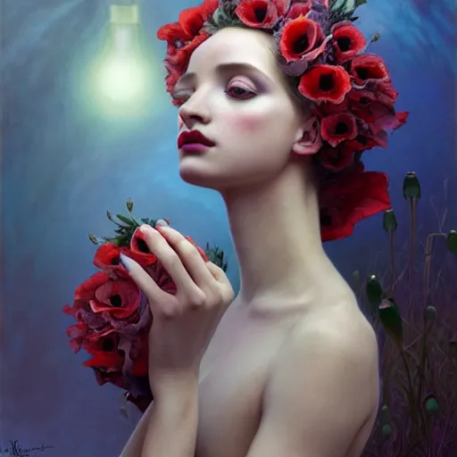 Image similar to young poppy queen, unique non conventional beauty, surreal, fantasy, intricate, elegant, dramatic lighting, emotionally evoking symbolic metaphor, highly detailed, lifelike, photorealistic, digital painting, artstation, concept art, smooth, sharp focus, illustration, art by Krenz Cushart and Artem Demura and Alphonse Mucha and Albert Aublet