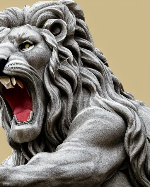 Image similar to a marble statue of a roaring lion, hyper realistic, 4 k, grainy marble, hyper detailed