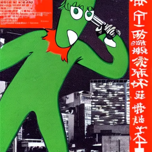 Image similar to gumby destroying tokyo in 1 9 6 5