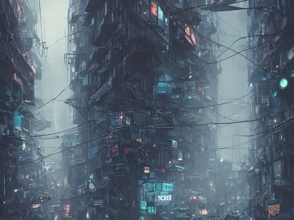 Prompt: ground in futuristic dieselpunk narrow street, cable stone ground. lots hanging cables, tiny wires on the ground. garbage on the ground. rain. fog, haze, evening. led screens. neon signs. very sharp. cables on the ground. very messy. futuristic. photorealistic. artstation. anime. studio gimbli style. golden rate.