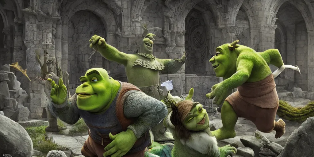 Prompt: shrek versus god, marble, realistic 4 k octane beautifully detailed render, 4 k post - processing, highly detailed, intricate complexity, epic composition, magical atmosphere, cinematic lighting, masterpiece, ultra hd