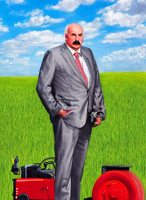 Image similar to digital portrait of a person looking like alexander lukashenko ruling tractor in fields, hot sun, photo realism