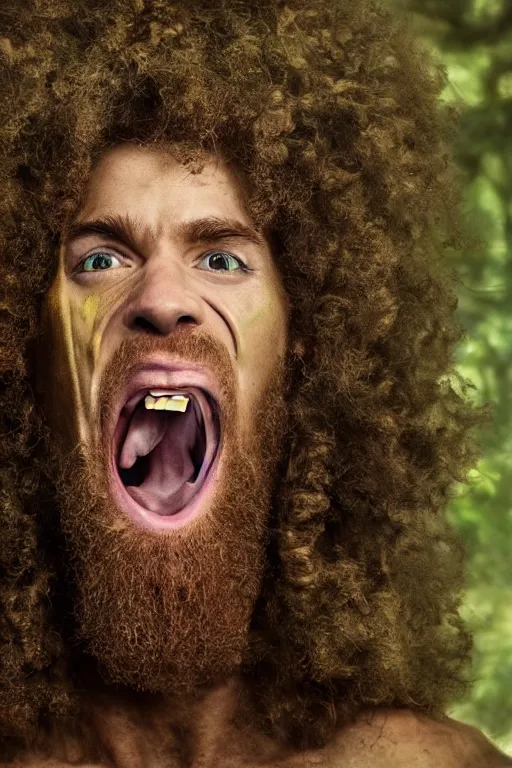 Image similar to portrait of a muscular bob ross screaming, chiseled features, beautiful flowing brown curly hair, mythological, god of nature, defined muscles, artsy photography, film photo, 4 k, model posing, deep tan skin, trending on artstation, fashion photography, yellow eyes, overgrown background, dryad, verdant forest