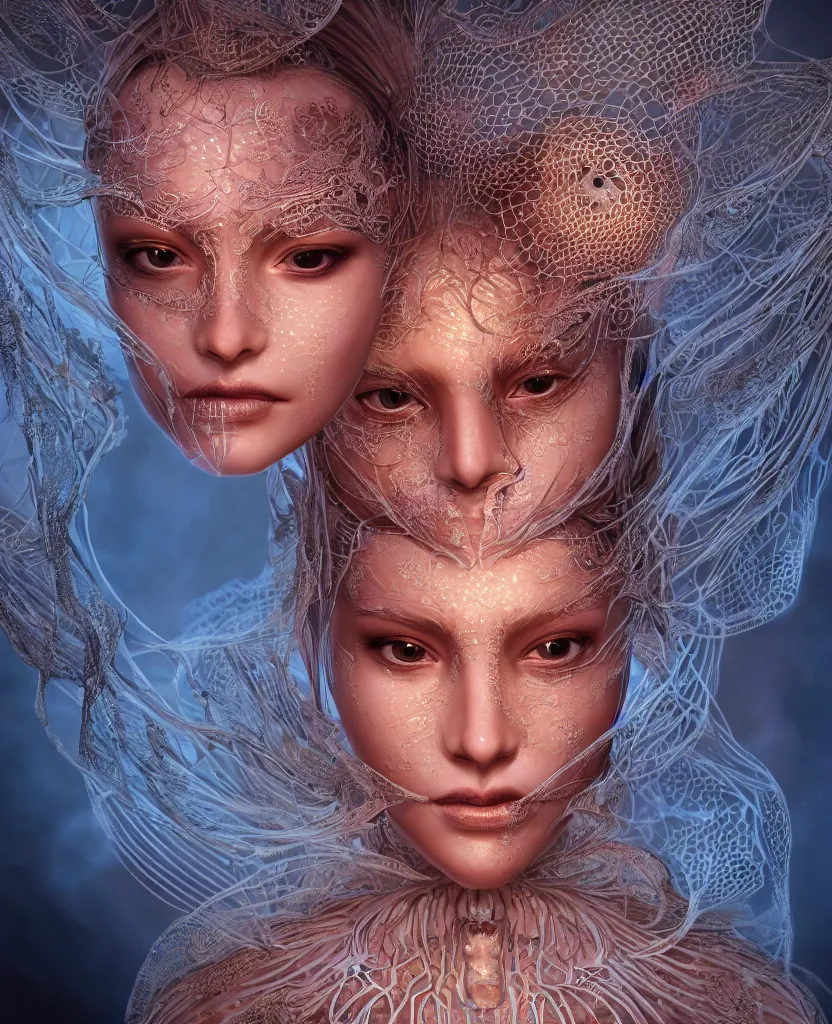 Prompt: close-up macro portrait of the face of a beautiful princess with lace mask, epic angle and pose, ribcage skeleton symmetrical artwork, 3d with depth of field, blurred background, cybernetic jellyfish female face phoenix bird, translucent, nautilus, energy flows of water and fire. a highly detailed epic cinematic concept art CG render. made in Maya, Blender and Photoshop, octane render, excellent composition, cinematic dystopian brutalist atmosphere, dynamic dramatic cinematic lighting, aesthetic, very inspirational, arthouse, Greg Rutkowski, Ilya Kuvshinov, WLOP, Stanley Artgerm Lau, Ruan Jia and Fenghua Zhong