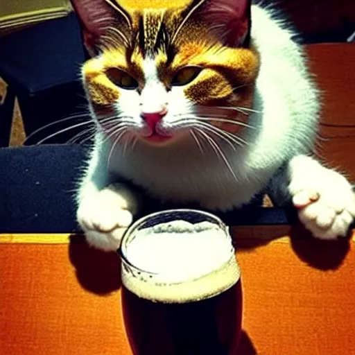 Image similar to Moron cat drinking a beer with his pals