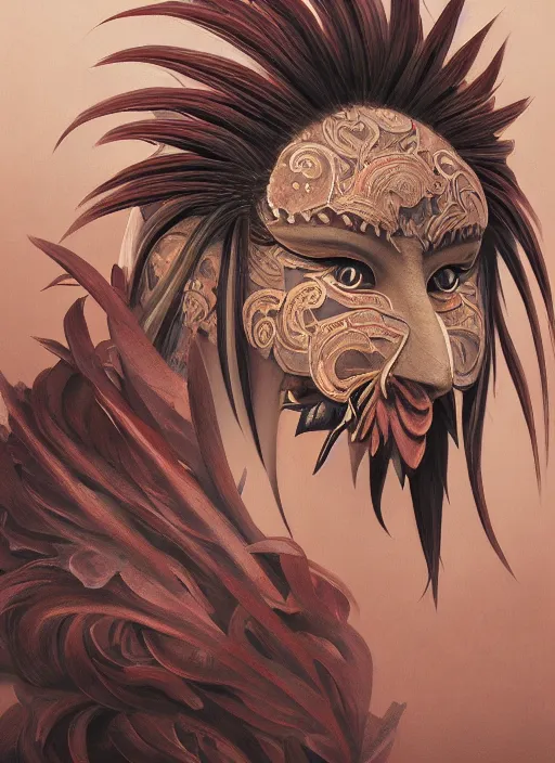 Prompt: a beautiful detailed oil on copper art illustration of a japanese tengu mask devil woman, elongated nose in the shape of a bird's beak, centered, by charlie bowater, zeng fanzh, trending on artstation, dim dusk lighting, cinematic lighting, detailed lighting, volumetric lighting, realistic, f 8, 4 k hd wallpaper