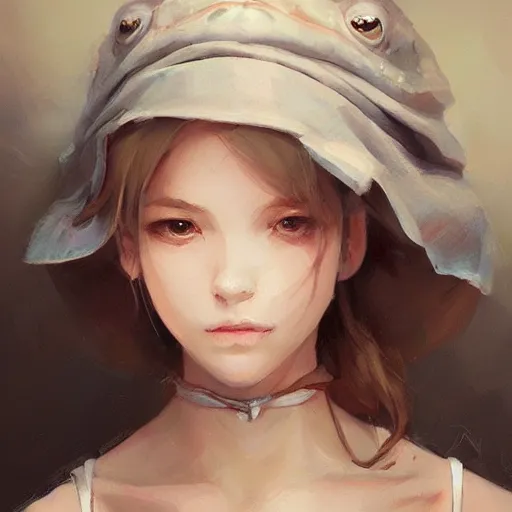 Prompt: painting by krenz cushart!!, portrait of a beautiful girl as a frog floating in the clouds, finely detailed features, backlit, rule of thirds, intricate brush strokes, beautiful realistic lighting, trending on pixiv fanbox artstation.