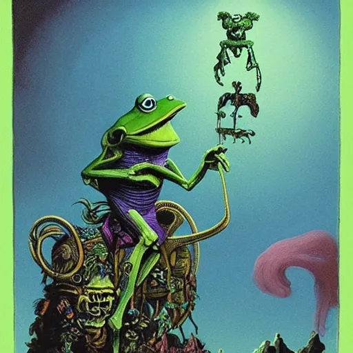 Prompt: muppet frog horseman riding a glowing baroque unicorn skeleton, foggy night, in style of tarot card, art in style of beksinski, part of greg hildebrandt, in color palette of francis bacon, eerie, mystical, sublime