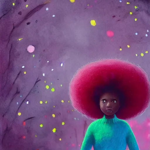 Image similar to a black girl with a colorful afro in a candy forest at night, bokeh, bright colours, watercolor, volumetric wool felting, macro photography, children illustration, by goro fujita