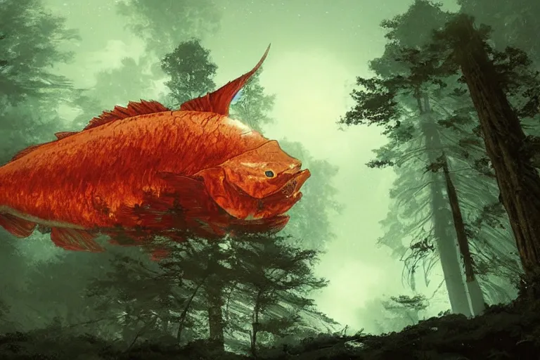 Prompt: huge red giant japanese fishes are flying along the tall trees of a deep Bavarian forest at night. Looking up view, dramatic perspective.misty, mood. y art by Akihiko Yoshida and Greg Rutkowski and Craig Mullins and Alphonse Mucha and Moebious and Roger Deakins