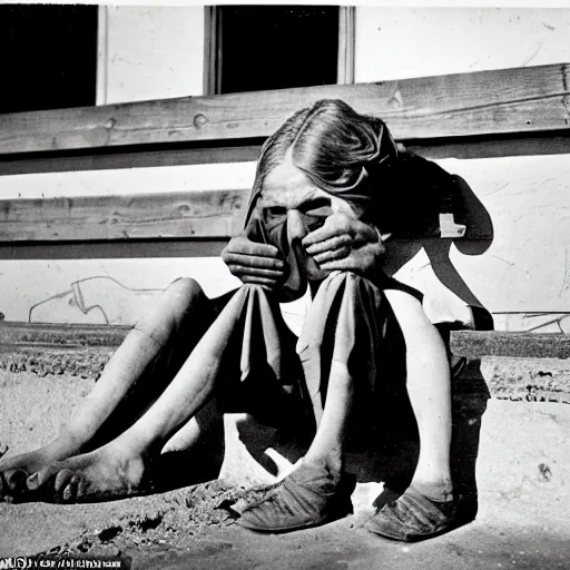 Image similar to Award winning Dorothea Lange photo, 1934, Great Depression. Woman sitting with crossed ankles on the steps of her house in the Kansas dustbowl. She stares off into the distance, resting her head on her hands. Americana, vintage, Pulitzer Prize.