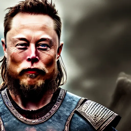 Image similar to elon musk as ragnar lothbrok in viking still from tv - series portrait tattooed face blue eyes close up looking in camera