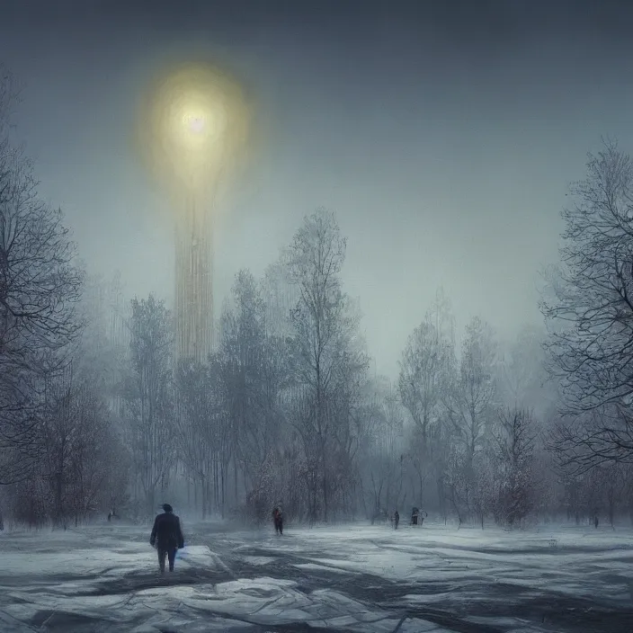 Image similar to a beautiful painting of winter in pripyat by simon stalenhag and zdzisław beksinski and rene magritte and greg rutkowski, in style of digital art. hyper detailed, sharp focus, soft light. unreal engine 5. ray tracing. trending on artstation