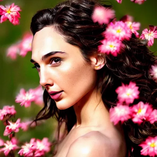 Image similar to fine art photo of the beauty gal gadot, she is posing while maintain a sweet eye contact to the camera, she has a crown of flowers, the photo was taken at sunrise with a bokeh effect, by ellie victoria gale, photorealistic, matte painting, hyper realistic, 4 k, 8 k, cinematic composition, hd, highly detailed, trending on artstation