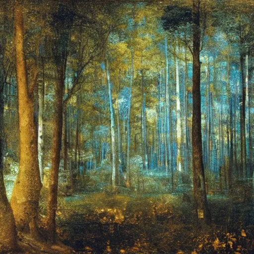 Image similar to a blue and golden forest, daguerreotype by pontormo, by gustave moreau, by Bosch, art noveau, highly detailed, strong lights, liminal, eerie, Bright pastel colors, octane render, 8k,