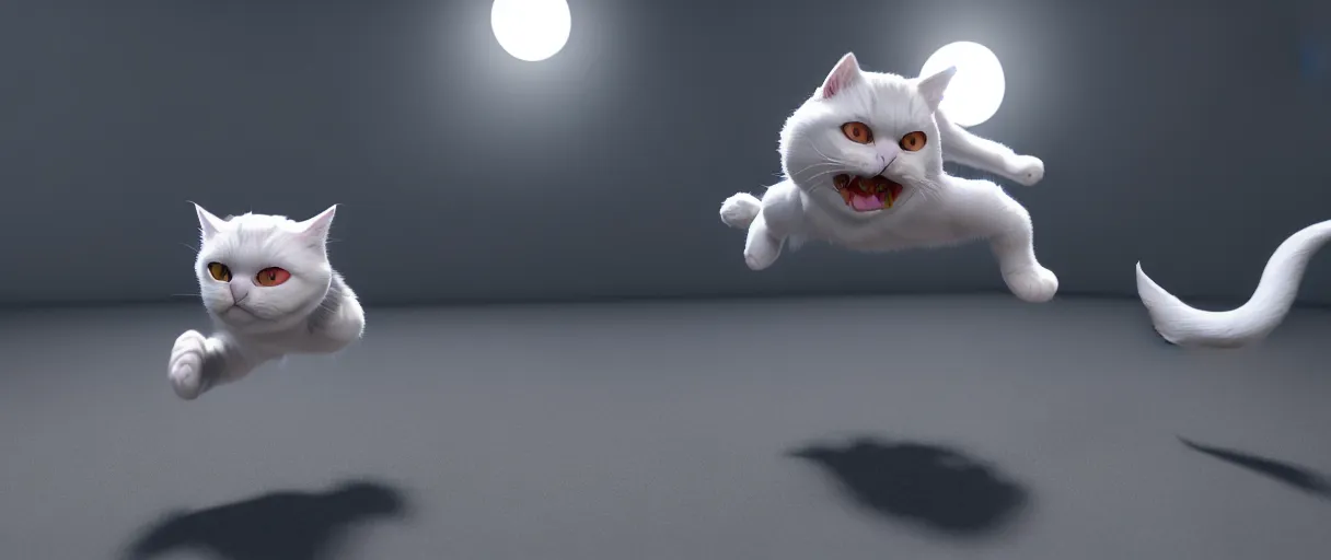 Image similar to hyperrealistic detailed 3d render of a cute moonchy catman jumping around sharp cinematic lighting vray 8k low angle shallow depth of field