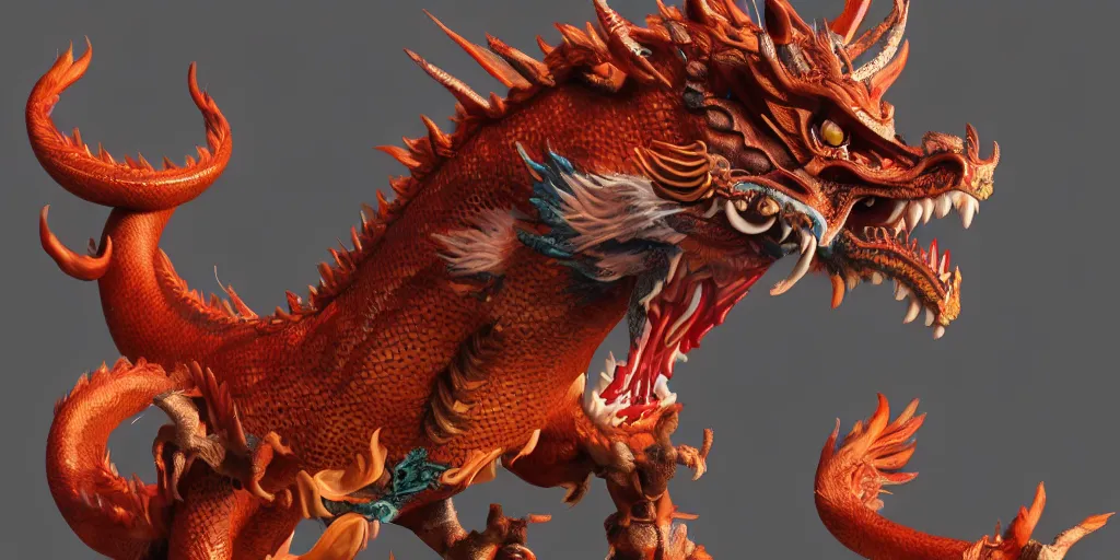 Image similar to a full body chinese dragon, close up, 3 d model, unreal engine 5, sharp focus, detailed matted painting, 4 k, epic lighting, artstation, by keita okada