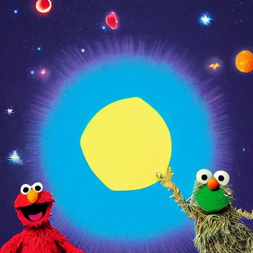 Prompt: the creation of adam but with elmo and the cookie monster instead, sesame street, in an absurdist style, heavenly, cosmic, god rays, intricate detail, 8 k,