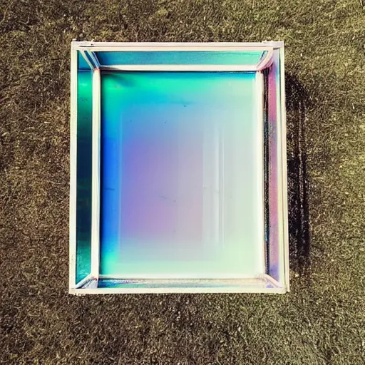 Prompt: a pastel coloured Polaroid photo of a minimalist sunbed made of transparent iridescent perspex stood in a field, beams of light, nostalgic