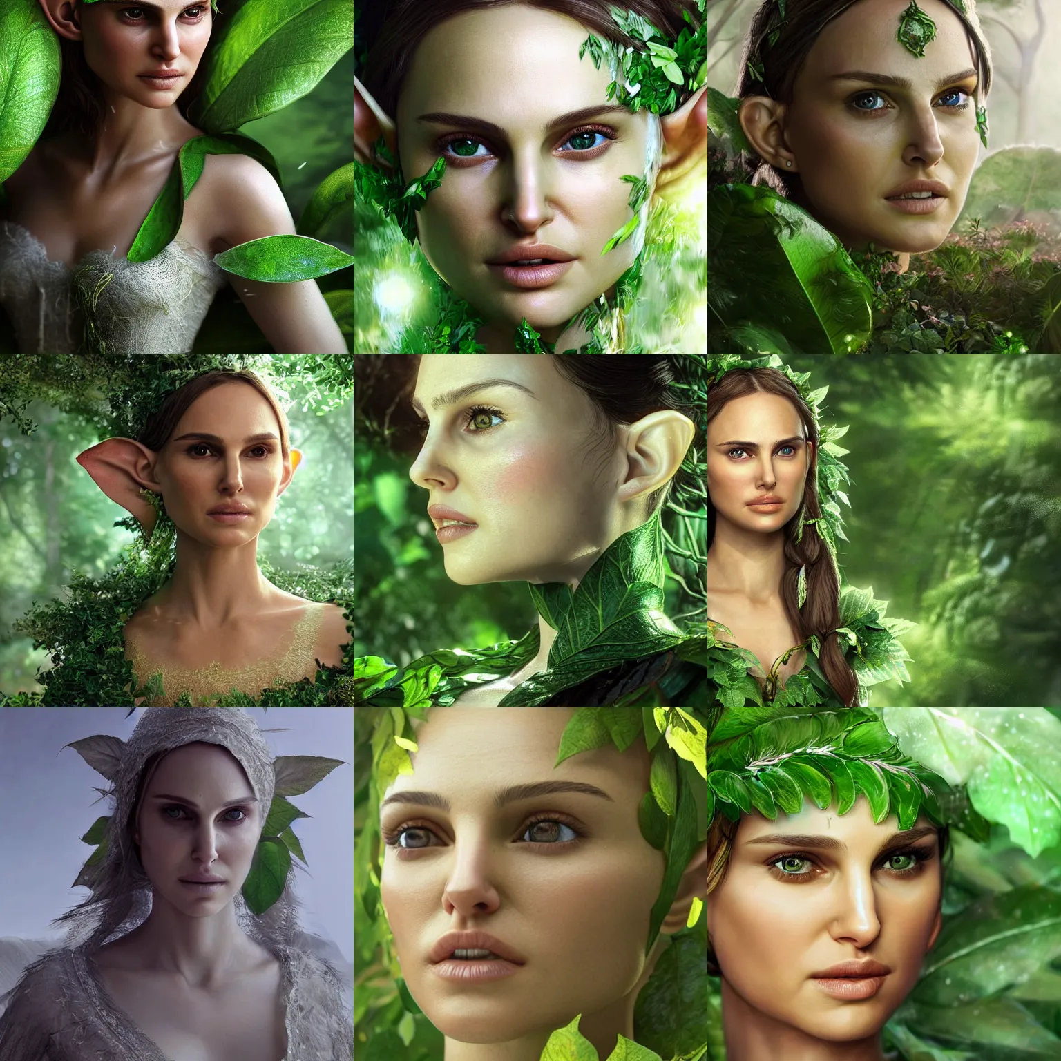 Prompt: a highly detailed photo of a beautiful elf refugee woman with white skin (played by Natalie Portman) elegantly wrapped with green lush leaves, by Andrea Chiampo, artstation and Frederik Heyman, extremely detailed woman, stunning volumetric lighting, hyper realism, fantasy 4k