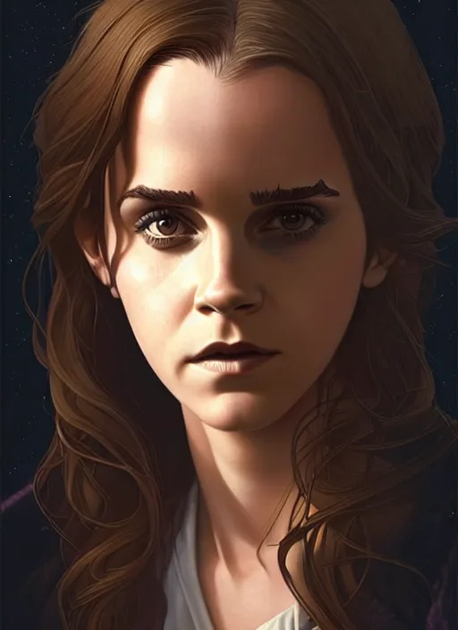 Prompt: Poster artwork by Michael Whelan and Tomer Hanuka, Karol Bak. Rendering of Emma Watson as Hermione Granger. Dark. Clean. Full of details. Extremely detailed. Rim lit. Back light. Sunset. By Makoto Shinkai and thomas kinkade. Matte painting. Trending on artstation and unreal engine.