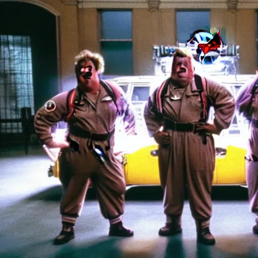 Image similar to Chris Farley as a Ghostbuster in a still from the movie Ghostbusters 8k hdr highly detailed