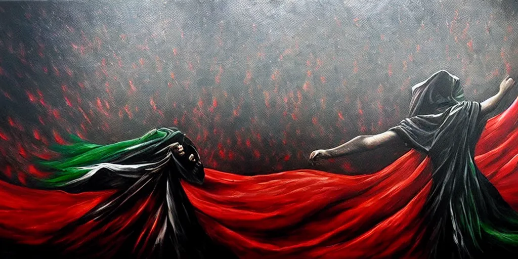 Image similar to dramatic epic dark oil painting of freedom for palestine, red green white black