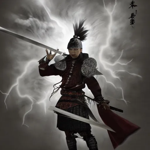 Prompt: ancient ink painting of a chinese warrior in clothes with a broadsword, hejump and hit the monster down hard, dark cloud and lightning on the grounddramatic lighting, whole body, extremely detailed, octane render, 8 k, sophisticated