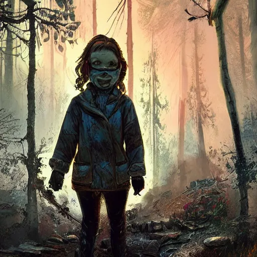 Image similar to a girl in chernobyl disneyland, disneyland castle, wasteland, forest fires light, digital illustration, by android jones and greg rutkowski, dark cloudy skies, detailed, cinematic lighting, wide angle action dynamic portrait