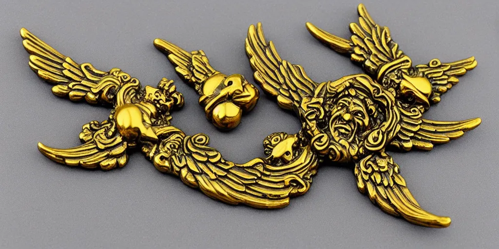 Image similar to goblin commander pagans baroque marble and gold medallions in space clouds winged angels greeks, baroque and rococo ornaments, decorative golden elements, ultrarealistic