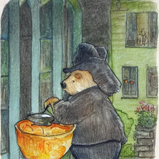 Prompt: a grumpy human man wearing a bear costume, holding a goldfish bowl. watercolour with pencil, in the style of beatrix potter.