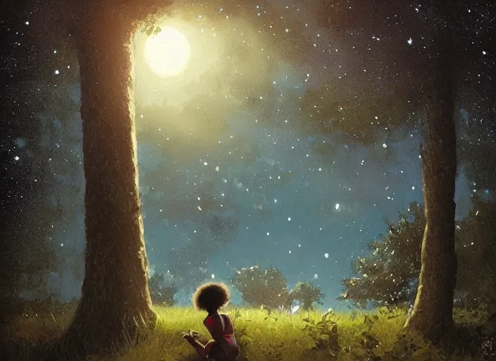 Prompt: a young caribbean girl on the front lawn looking into a telescope up at the stars, night time, forest in the distant background by greg rutkowski,