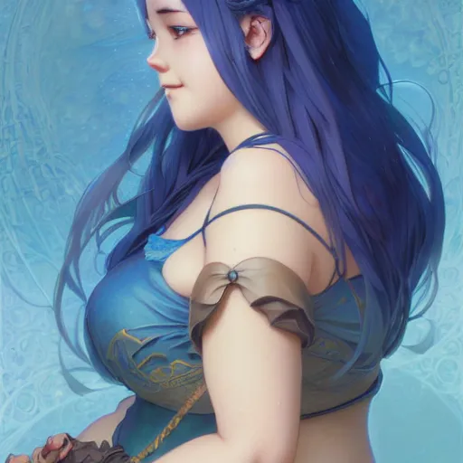 Prompt: anime girl, curvy body, flat chest, blue hair, watery eyes, D&D, fantasy, intricate, elegant, highly detailed, digital painting, artstation, concept art, smooth, sharp focus, illustration, art by artgerm and greg rutkowski and alphonse mucha