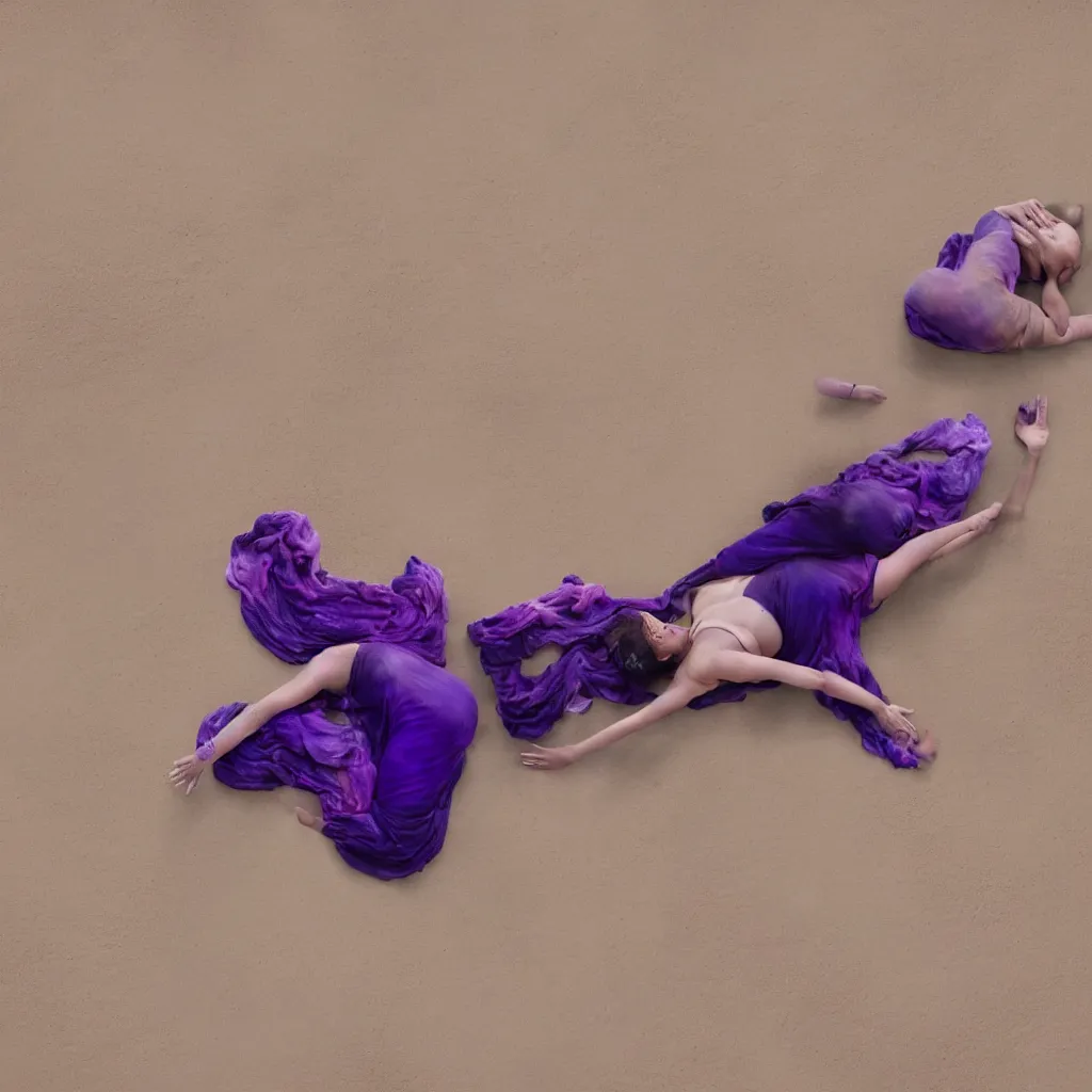 Prompt: overhead view of iridiscent oil spill in desert sand tempest with women corpses connected by cables and computers to wax forms to a buried baby relaxing on yoga mat, faded, purple gradient, dust, purple fog, depth of field, by werner herzog, hans bellmer and nadav kander, 8 k, sad atmosphere, cinematic