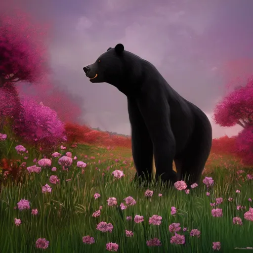 Image similar to girl riding a giant black bear in a field of flowers, trending on artstation