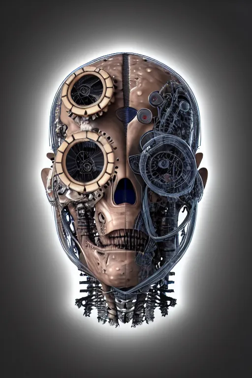 Prompt: 3D render of a rugged profile face portrait of a steampunk cyborg android, inset xray cross-section, neon lenses for eyes, Mandelbrot fractal, titanium skeleton, anatomical, flesh, facial muscles, wires, microchips, electronics, veins, arteries, glowing, full frame, microscopic, elegant, highly detailed, flesh ornate, elegant, dye contrast lighting, black light, octane render in the style of H.R. Giger and Johanna Martine and Jeffrey Smith, background of outer space neon nebulas by Pilar Gogar