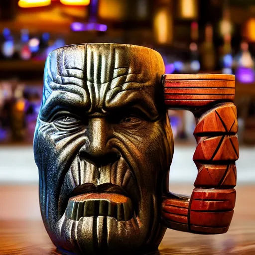 Image similar to a closeup photorealistic photograph of a glossy thanos style tiki mug sitting at a trader vic's bar featuring the face of thanos. tiki party. bright scene. fine detail. this 4 k hd image is trending on artstation, featured on behance, well - rendered, extra crisp, features intricate detail, epic composition and the style of unreal engine.