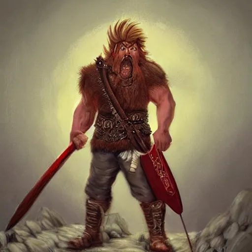 Image similar to masterpiece digital painting portrait of gotrek! ( troll slayer dwarf ) yelling, frenzy, punk hair style, red hair, epic, cinematic lights, huge axe, by boris vallejo and samwise didier, warhammer battle, artstation, pinterest, unreal engine render, 8 k, detailed