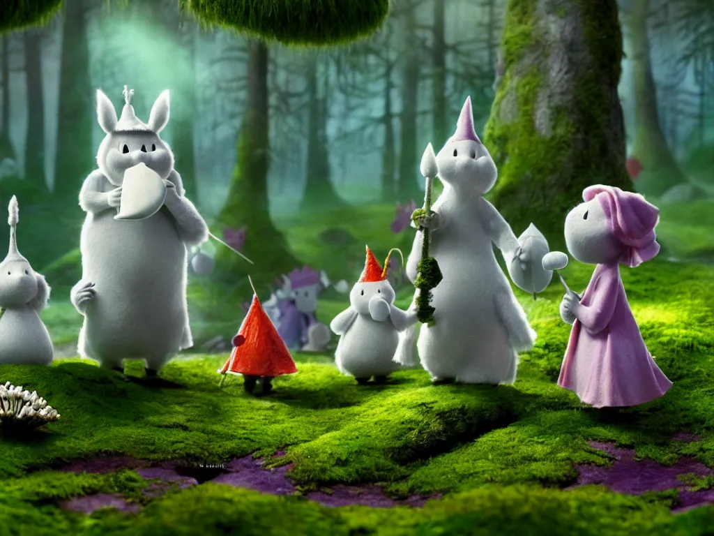 Prompt: the moomins wearing fluffy knight armor discovering the enchanted forest full of magic trees, mushrooms and moss and tiny fairies glowing in the dark, photorealistic painting, cgi, low volumetric light, movie still, very cute and cozy and fluffy and sweet