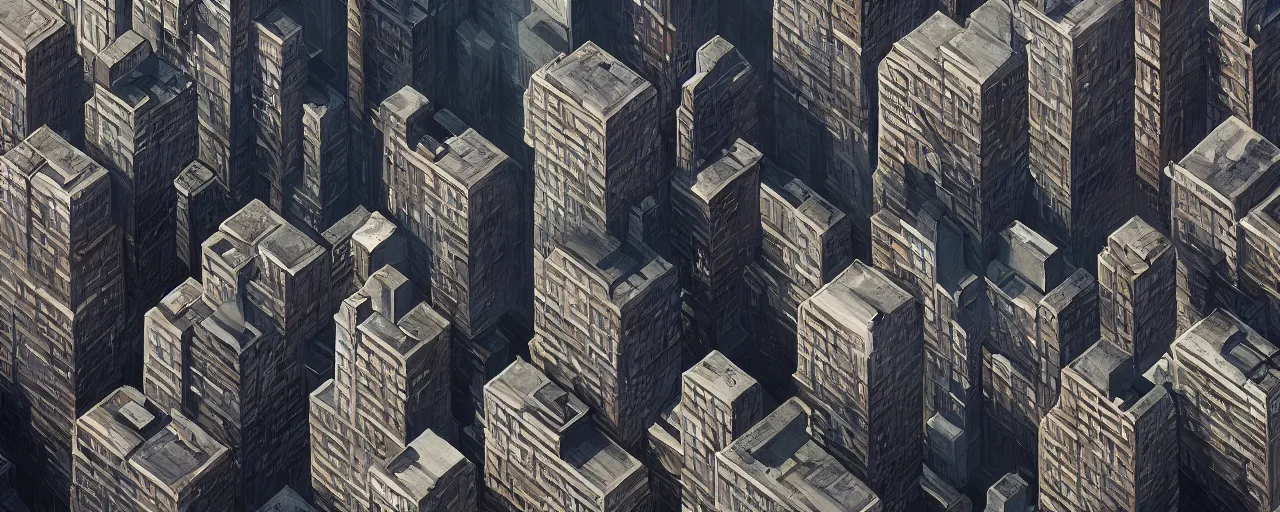 Image similar to concept art of new york city blocks. aerial. architecture. cinematic lighting. photorealistic. trending on artstation. cgsociety. art by greg rutkowski and william o'connor