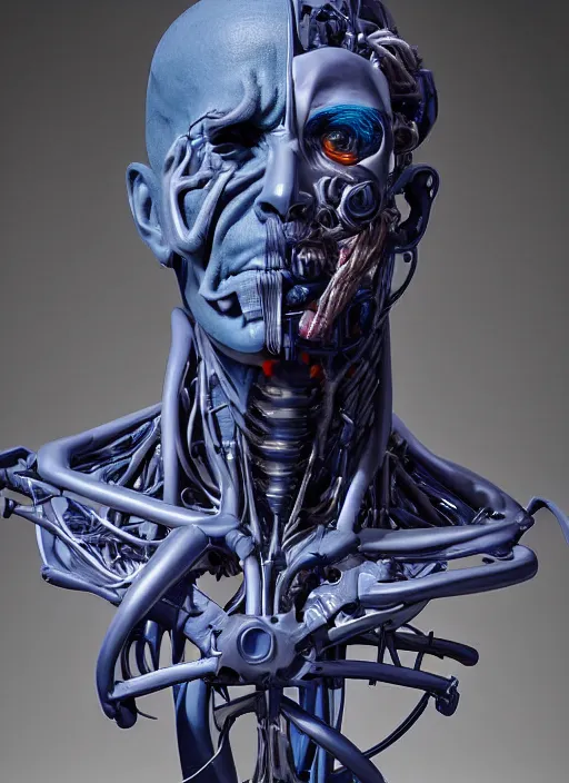 Image similar to a bust sculpture of anatomical detailed cyborg, blue blood, become human, ceramic base, orthographic, studio lighting
