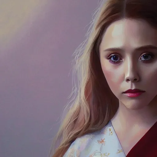 Prompt: Elizabeth Olsen as a young girl in kimono art drawn in art style of WLOP full HD 4K highest quality realistic beautiful gorgeous natural WLOP artist painting