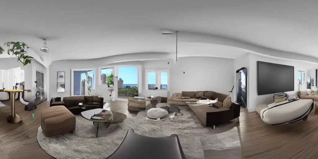 Image similar to Equirectangular GoPro VR render of a modern living room, natural colors, ambient occlusion, national geographic, 8k uhd