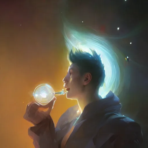 Image similar to A man drinking a cup of cosmic energy bright light, illustration by Ruan Jia and Mandy Jurgens and William-Adolphe Bouguereau, Artgerm, 4k, digital art, surreal, anime style, space dandy style, highly detailed, godsend, artstation, digital painting, concept art, smooth, sharp focus, illustration by Ruan Jia and Mandy Jurgens and William-Adolphe Bouguereau, Artgerm