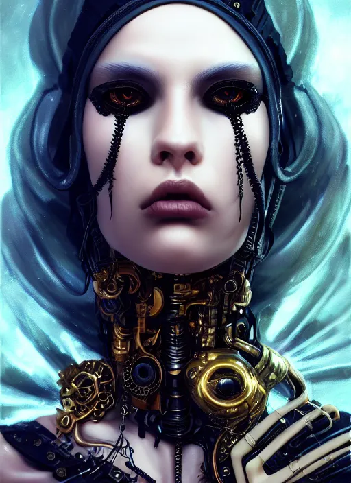 Image similar to soft lustrous ebony ivory seductive biotech raver gutter punk gothic cyborg, golden ratio, details, scifi, fantasy, cyberpunk, intricate, decadent, highly detailed, digital painting, octane render, artstation, concept art, smooth, sharp focus, illustration, art by artgerm, loish, wlop